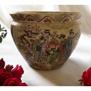Satsuma Hand Painted Porcelain Planter Fish Bowl Geisha Girl Koi 5” X 6.5”